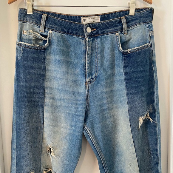 Free People patchwork distressed loose straight leg denim size 30 boho grunge - Picture 3 of 8